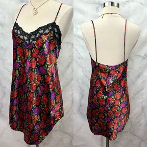 Vintage Chemise Slip dress Lingerie M 90s Black Lace Flora Liquid Satin Gothic